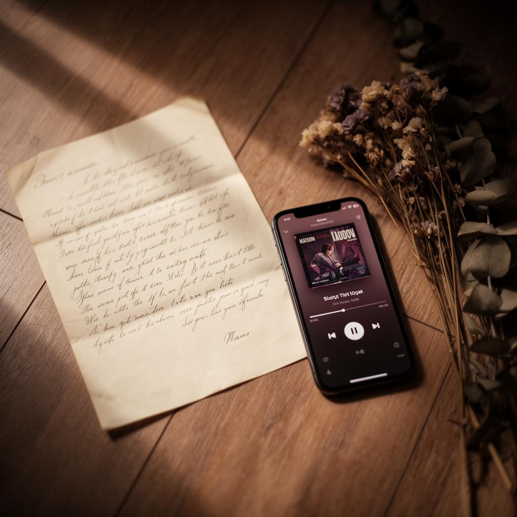 A handwritten note next to an iPhone playing music and dried flowers